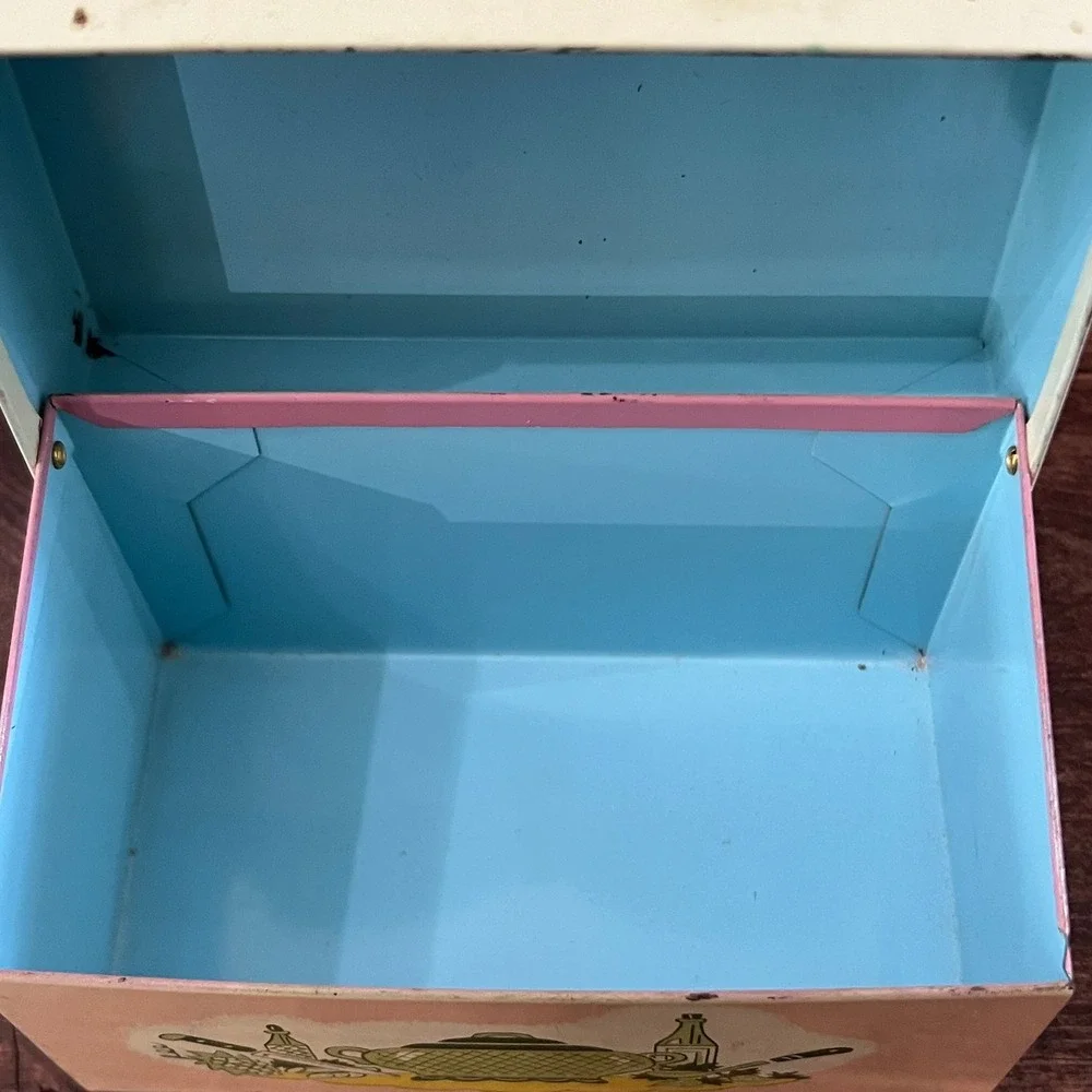 Vintage Ohio Art Co Metal Recipe Box Mid Century Kitchen Graphic Yellow Pink Tin